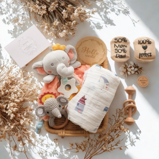 Premium Baby Geschenkbox – 9-teiliges Neugeborenen-Set in stilvoller Holzbox