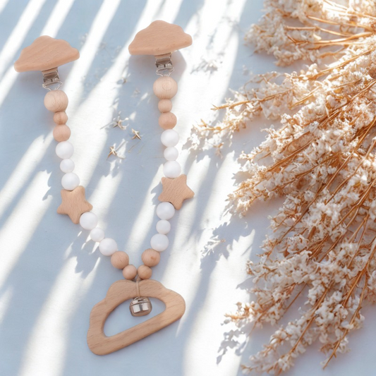 Kinderwagenkette Holz & Silikon – mit Glöckchen | Beruhigt & fördert Babys Sinne