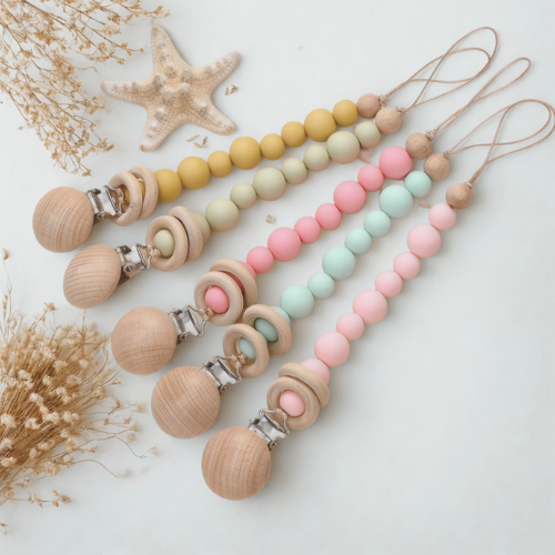 Schnullerkette aus Silikonperlen in Pastell – Weich, sicher & stilvoll für dein Baby