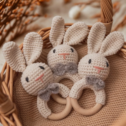Häkel-Greifling mit Holzring – verschiedene Tiermotive