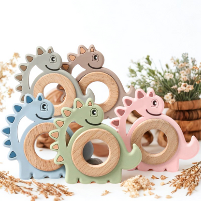 Beißring Dino aus Holz & Silikon – Zahnungshilfe in Dinosaurierform