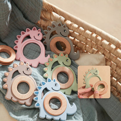 Beißring Dino aus Holz & Silikon – Zahnungshilfe in Dinosaurierform
