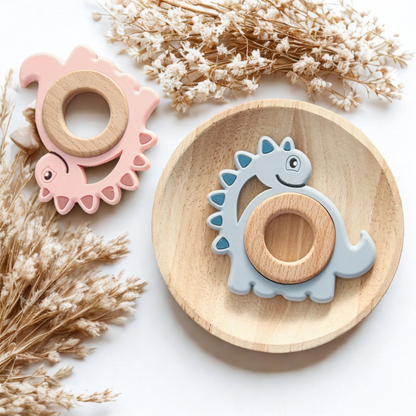 Beißring Dino aus Holz & Silikon – Zahnungshilfe in Dinosaurierform