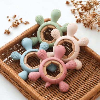 Beißring Schildkröte aus Holz & Silikon – Natürliche Zahnungshilfe für Babys