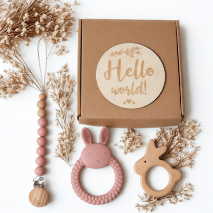 Baby Geschenkset Beißring, Holzgreifling & Schnullerkette