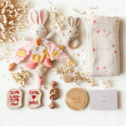 Premium Baby Geschenkbox – 9-teiliges Neugeborenen-Set in stilvoller Holzbox