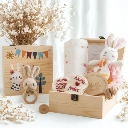 Premium Baby Geschenkbox – 9-teiliges Neugeborenen-Set in stilvoller Holzbox