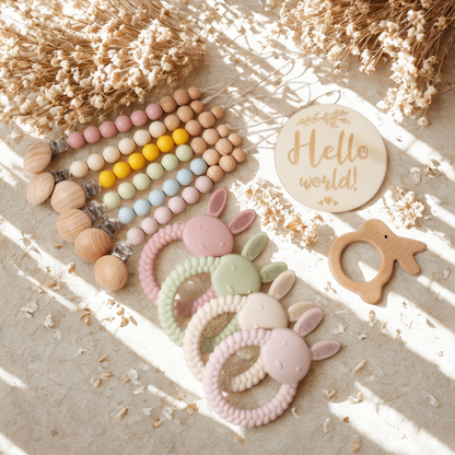 Baby Geschenkset Beißring, Holzgreifling & Schnullerkette