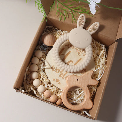 Baby Geschenkset Beißring, Holzgreifling & Schnullerkette