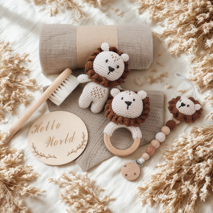 Baby Geschenkset zur Geburt – Beißring, Schnullerkette, Kuscheltier & Zubehör aus Naturmaterialien
