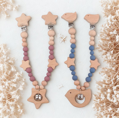 Kinderwagenkette Holz & Silikon – mit Glöckchen | Beruhigt & fördert Babys Sinne