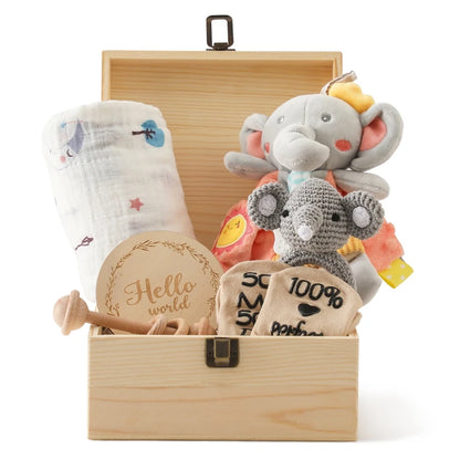 Premium Baby Geschenkbox – 9-teiliges Neugeborenen-Set in stilvoller Holzbox