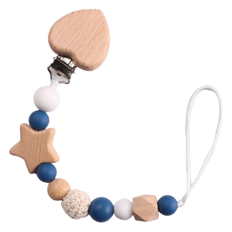 Schnullerkette Holz & Häkelperlen mit Herz-Clip & Stern – Handgemacht & Babyfreundlich