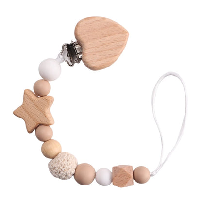Schnullerkette Holz & Häkelperlen mit Herz-Clip & Stern – Handgemacht & Babyfreundlich