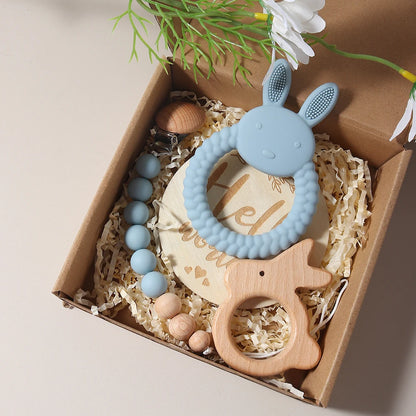 Baby Geschenkset Beißring, Holzgreifling & Schnullerkette