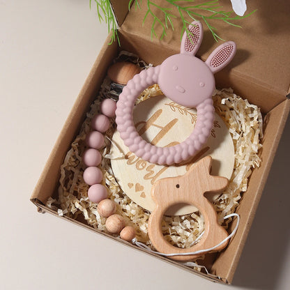 Baby Geschenkset Beißring, Holzgreifling & Schnullerkette