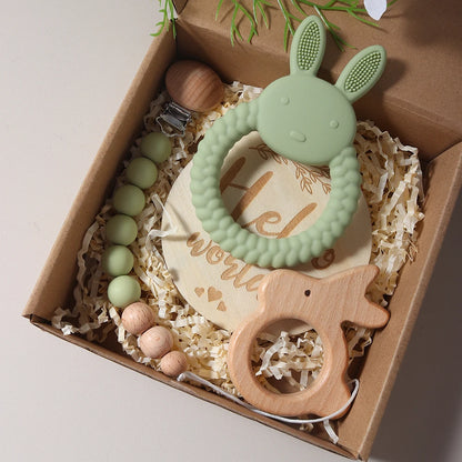 Baby Geschenkset Beißring, Holzgreifling & Schnullerkette