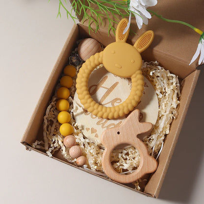 Baby Geschenkset Beißring, Holzgreifling & Schnullerkette