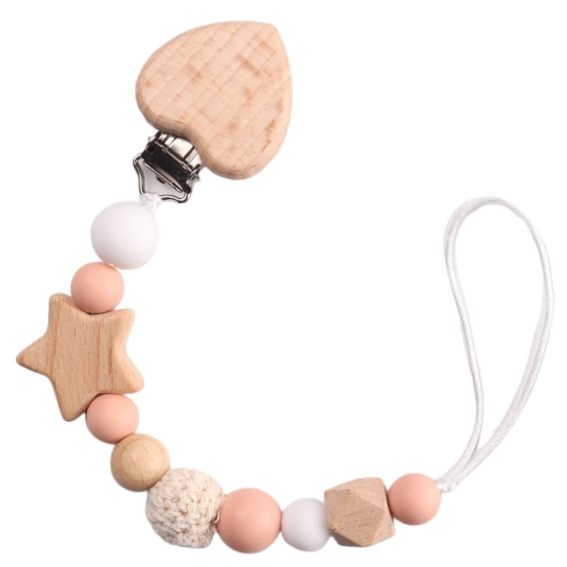 Schnullerkette Holz & Häkelperlen mit Herz-Clip & Stern – Handgemacht & Babyfreundlich