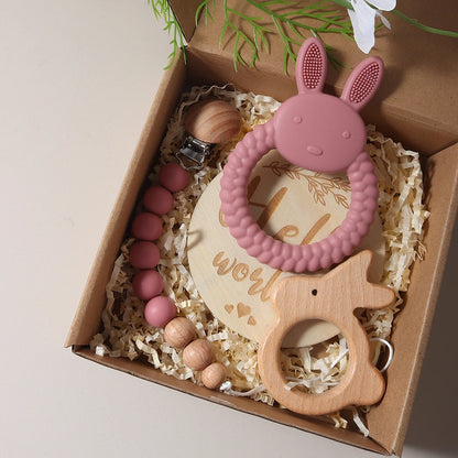 Baby Geschenkset Beißring, Holzgreifling & Schnullerkette