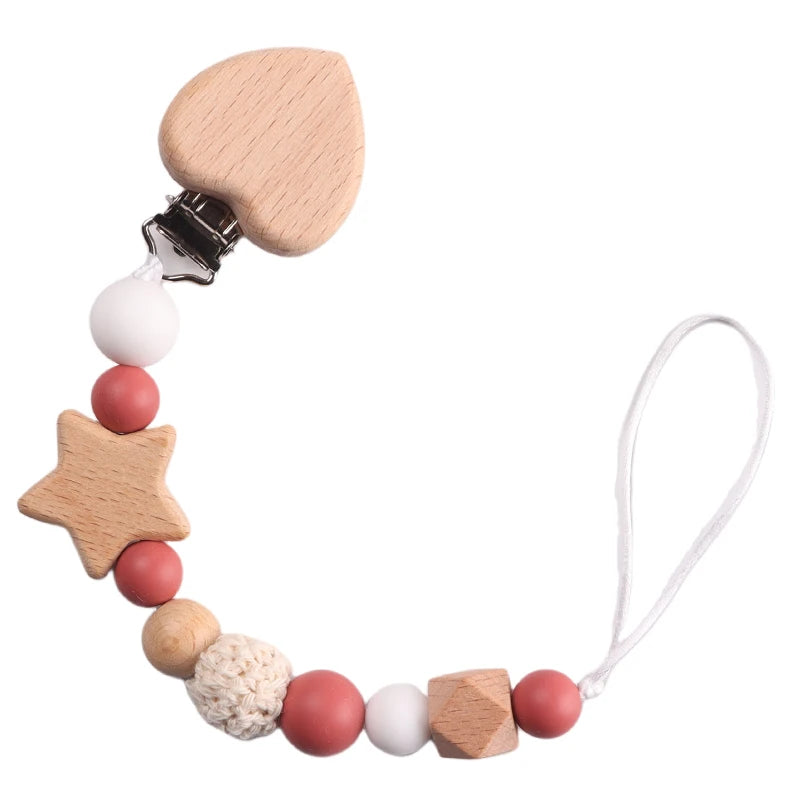 Schnullerkette Holz & Häkelperlen mit Herz-Clip & Stern – Handgemacht & Babyfreundlich